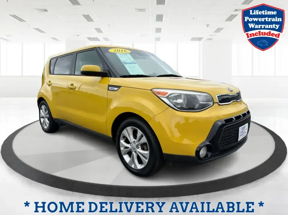 2016 Kia Soul + (KNDJP3A5XG7) with an 2.0L L4 DOHC 16V engine, 6A transmission, located at 401 Woodman Dr, Riverside, OH, 45431, (937) 908-9800, 39.760899, -84.123421 - Need a city-friendly ride that makes daily life easier-school drop-offs, a long commute to Wright-Patterson AFB, or quick weekend runs for coffee and groceries-without feeling like you're driving something ordinary? This 2016 Kia Soul + in Solar Yellow brings standout style, hatchback versatility, a - Photo#0